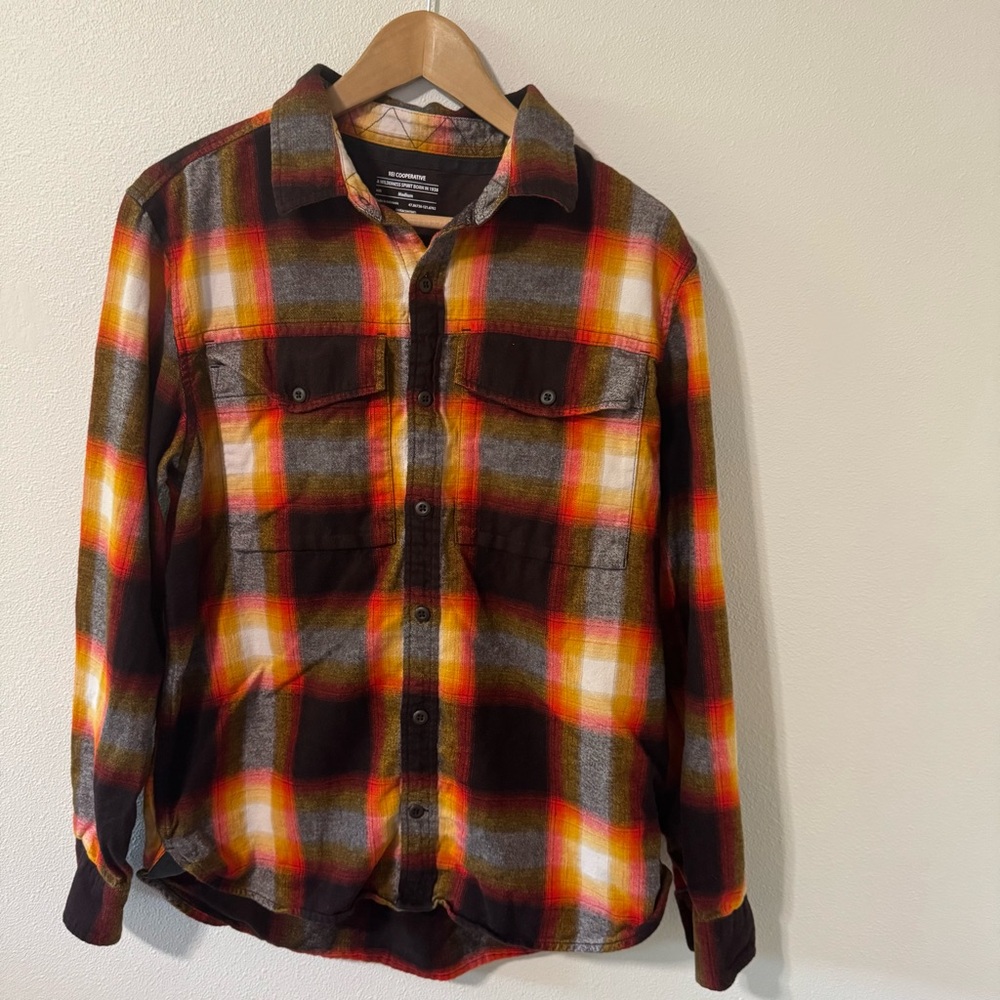 REI Co-op Wallace Lake Flannel Shirt Orange Brown Plaid Organic Cotton-Medium